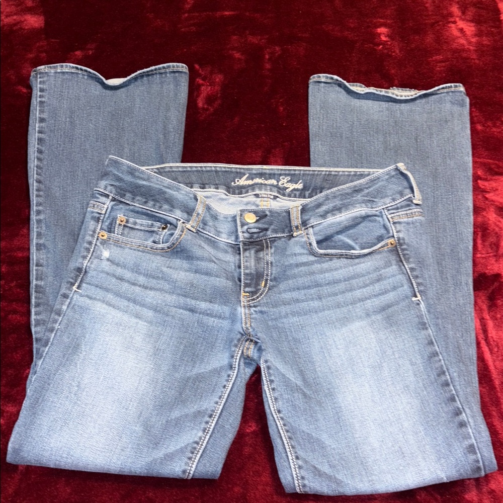 American Eagle Artist Low Rise Flare Sz 8 LONG Medium Wash Y2K Casual Festival